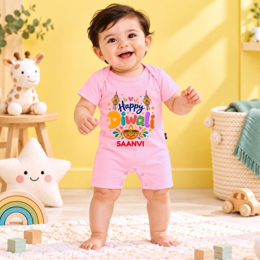 The Peppy Tend 100% Cotton Knit Half Sleeves Happy Diwali Printed Half Romper - Image 2
