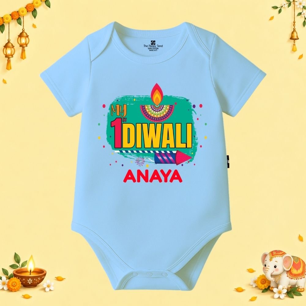 The Peppy Tend 100% Cotton Knit Half Sleeves My 1st Diwali Printed Half Onesie - Image 1