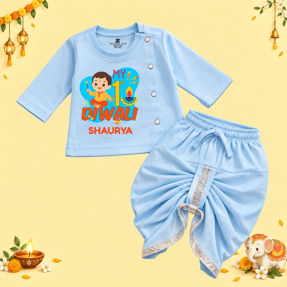 The Peppy Tend 100% Cotton Knit Full Sleeves My 1st Diwali Boy Printed Kurta Dhoti Set - Image 1