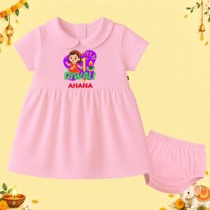 The Peppy Tend 100% Cotton Knit Half Sleeves My 1st Diwali Girl Printed Frock Bloomer Set