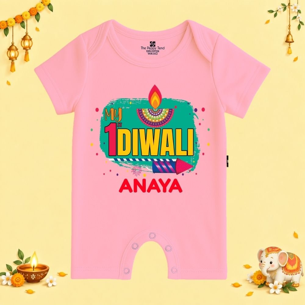 The Peppy Tend 100% Cotton Knit Half Sleeves My 1st Diwali Printed Half Romper - Image 1