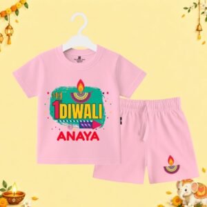 The Peppy Tend 100% Cotton Knit Half Sleeves My 1st Diwali Printed T-Shirt Shorts Set