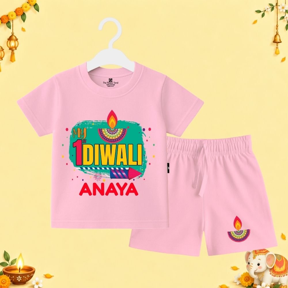 The Peppy Tend 100% Cotton Knit Half Sleeves My 1st Diwali Printed T-Shirt Shorts Set - Image 1