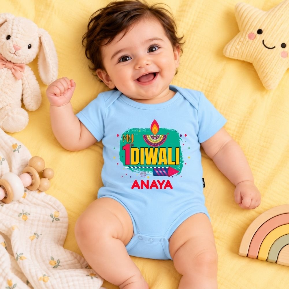 The Peppy Tend 100% Cotton Knit Half Sleeves My 1st Diwali Printed Half Onesie - Image 2