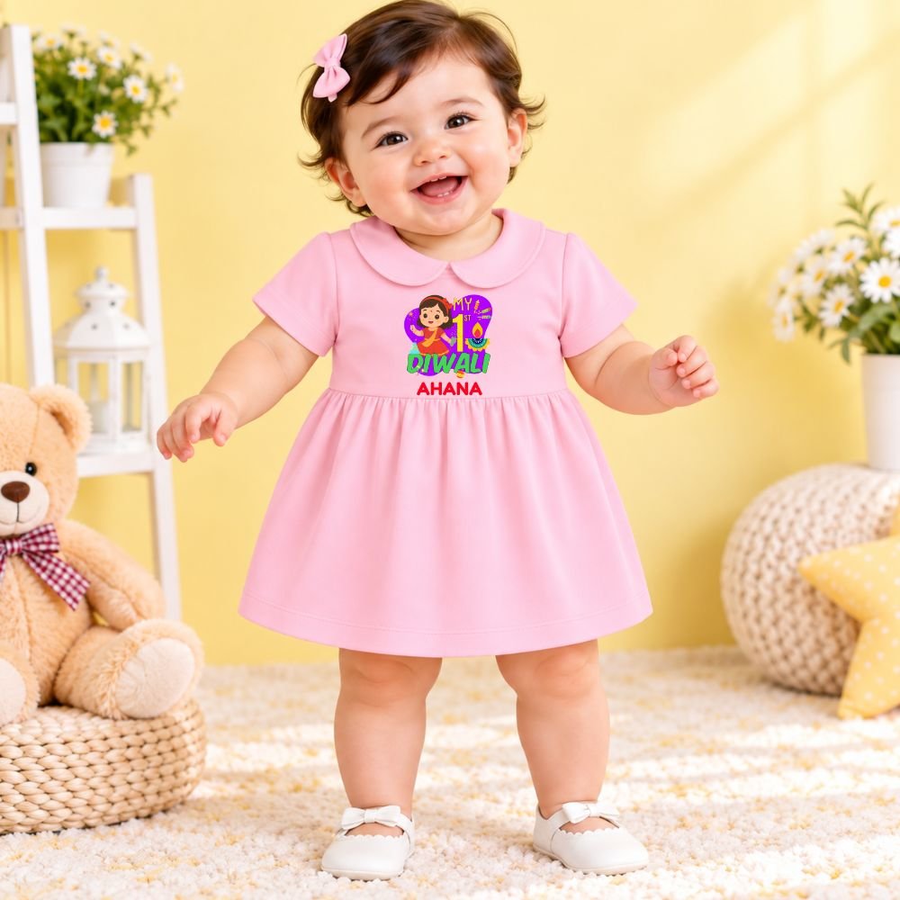 The Peppy Tend 100% Cotton Knit Half Sleeves My 1st Diwali Girl Printed Frock Bloomer Set - Image 2