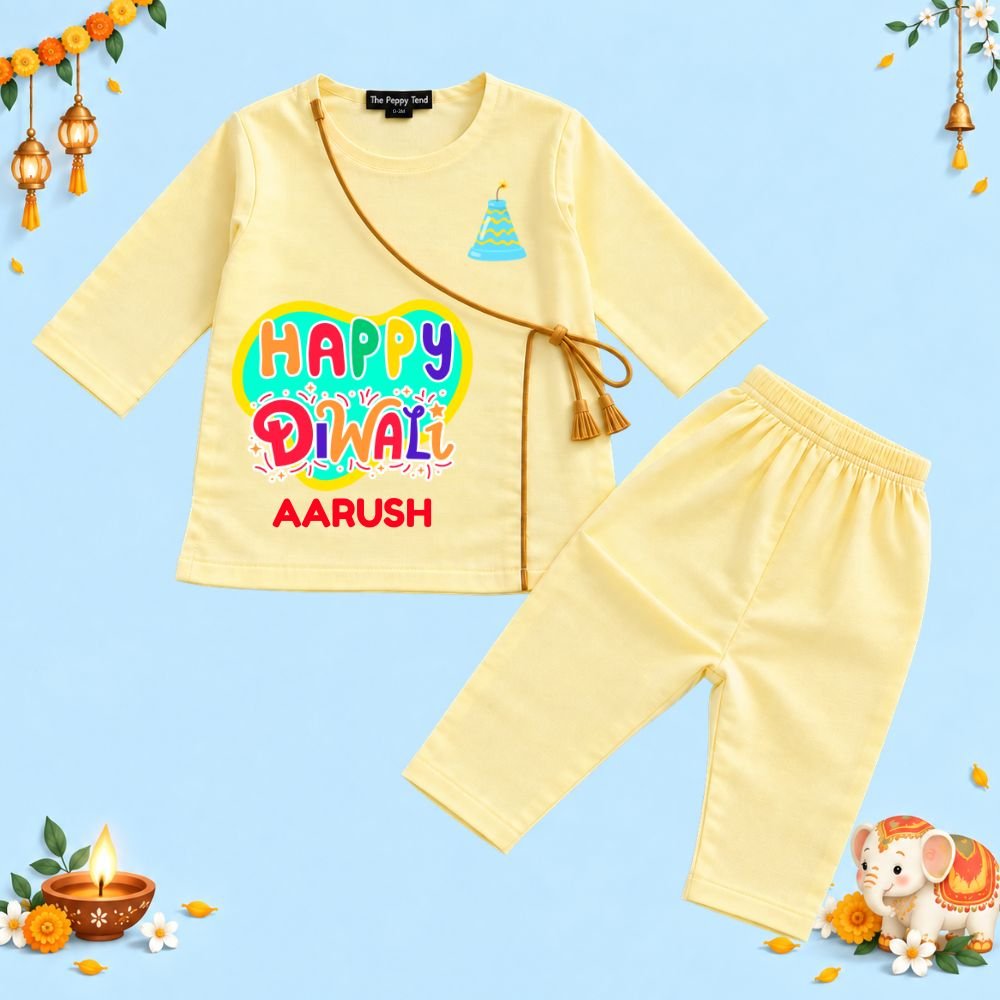 The Peppy Tend 100% Cotton Woven Full Sleeves Happy Diwali Printed Kurta Pyjama Set - Image 1