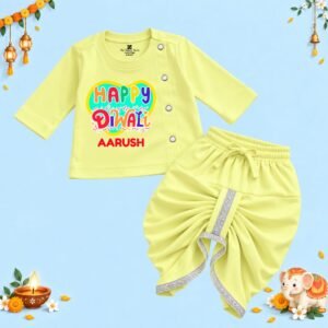 The Peppy Tend 100% Cotton Knit Full Sleeves Happy Diwali Printed Kurta Dhoti Set