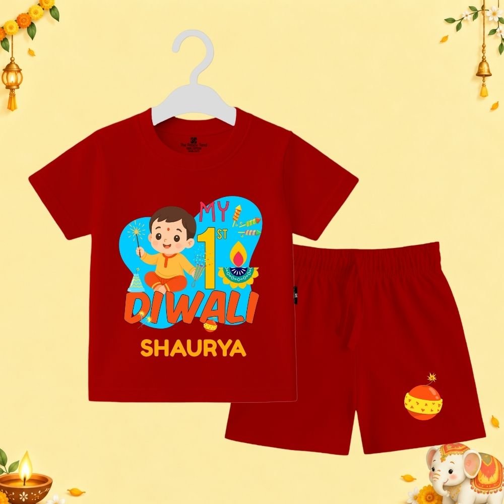 The Peppy Tend 100% Cotton Knit Half Sleeves My 1st Diwali Boy Printed T-Shirt Shorts Set - Image 1