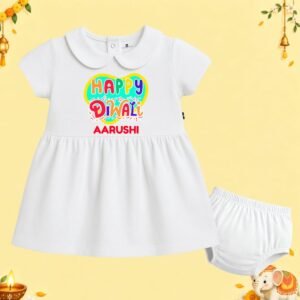 The Peppy Tend 100% Cotton Knit Half Sleeves Happy Diwali Printed Frock Bloomer Set