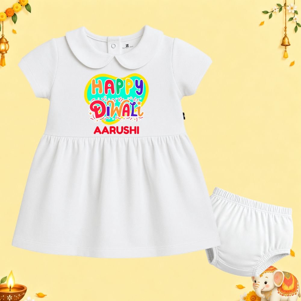 The Peppy Tend 100% Cotton Knit Half Sleeves Happy Diwali Printed Frock Bloomer Set - Image 1