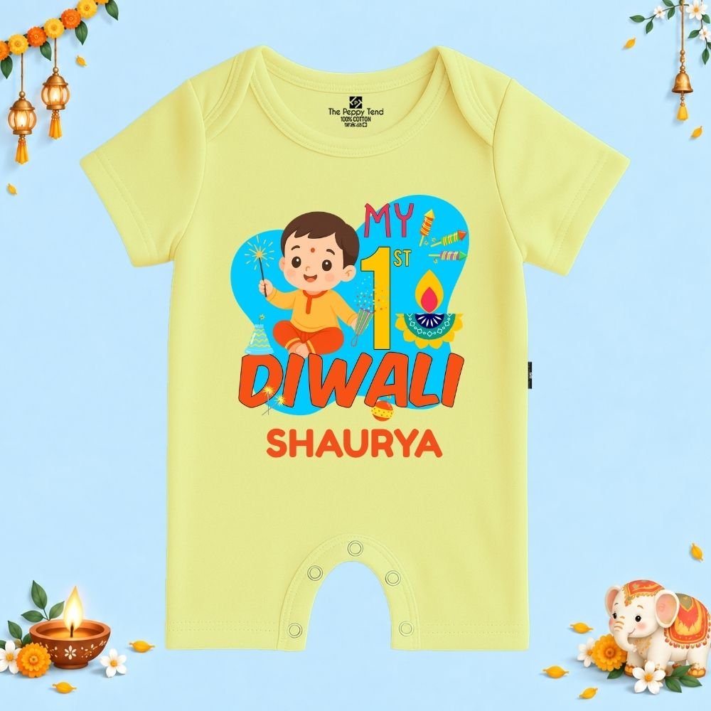The Peppy Tend 100% Cotton Knit Half Sleeves My 1st Diwali Boy Printed Half Romper - Image 1