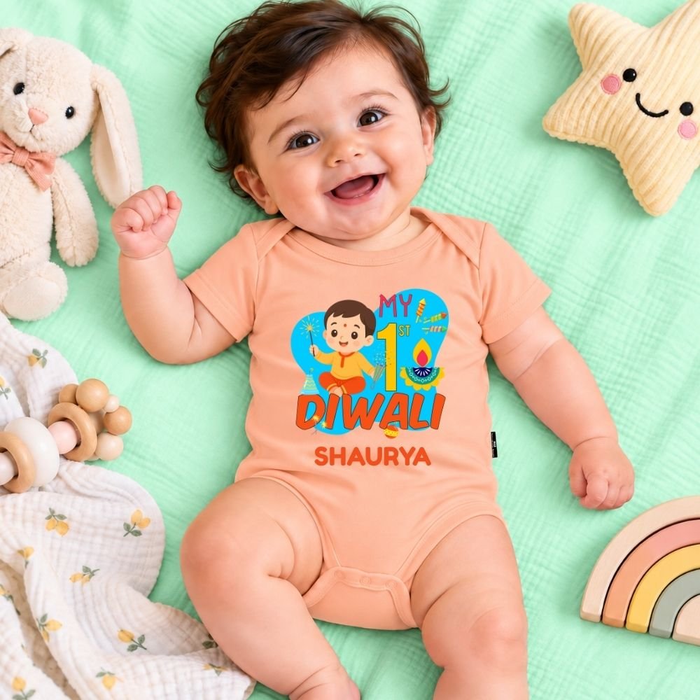 The Peppy Tend 100% Cotton Knit Half Sleeves My 1st Diwali Boy Printed Half Onesie - Image 2