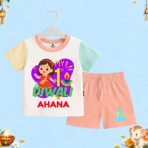 The Peppy Tend 100% Cotton Knit Half Sleeves My 1st Diwali Girl Printed T-Shirt Shorts Set