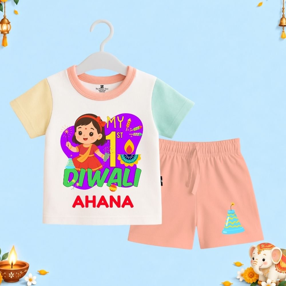 The Peppy Tend 100% Cotton Knit Half Sleeves My 1st Diwali Girl Printed T-Shirt Shorts Set - Image 1