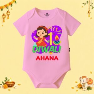The Peppy Tend 100% Cotton Knit Half Sleeves My 1st Diwali Girl Printed Half Onesie