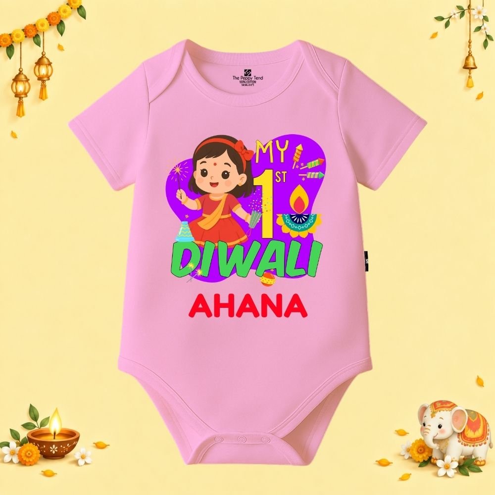 The Peppy Tend 100% Cotton Knit Half Sleeves My 1st Diwali Girl Printed Half Onesie - Image 1