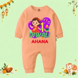 The Peppy Tend 100% Cotton Knit Full Sleeves My 1st Diwali Girl Printed Full Romper
