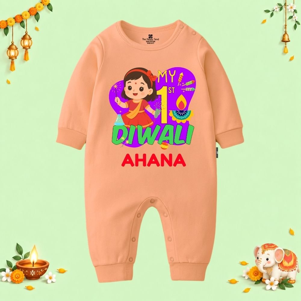 The Peppy Tend 100% Cotton Knit Full Sleeves My 1st Diwali Girl Printed Full Romper - Image 1