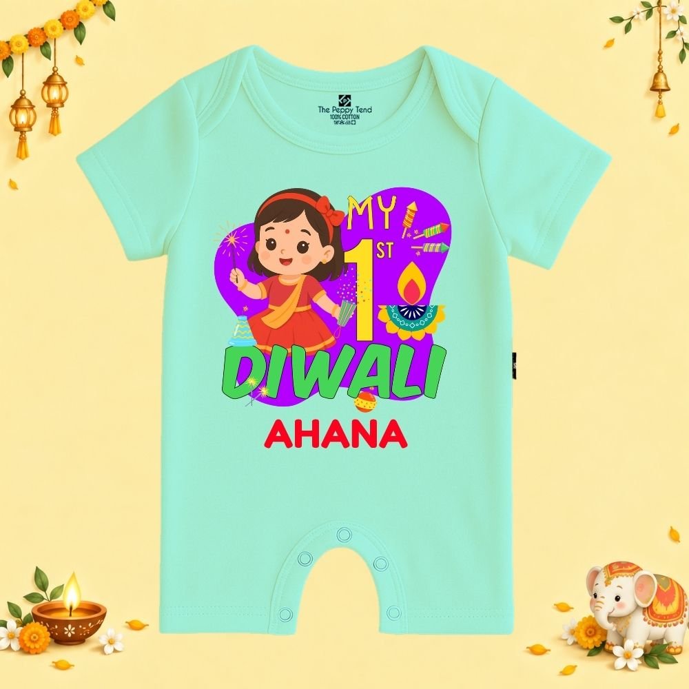 The Peppy Tend 100% Cotton Knit Half Sleeves My 1st Diwali Girl Printed Half Romper - Image 1
