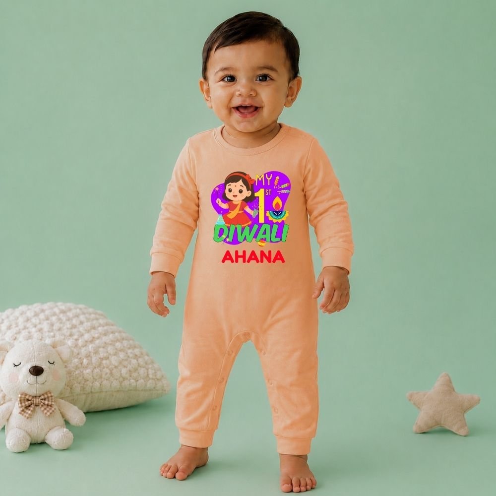 The Peppy Tend 100% Cotton Knit Full Sleeves My 1st Diwali Girl Printed Full Romper - Image 2