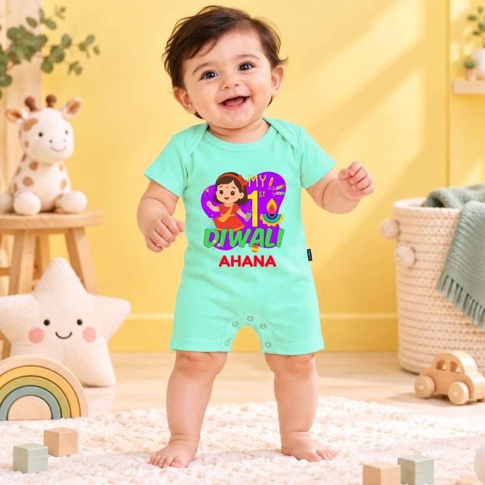The Peppy Tend 100% Cotton Knit Half Sleeves My 1st Diwali Girl Printed Half Romper - Image 2
