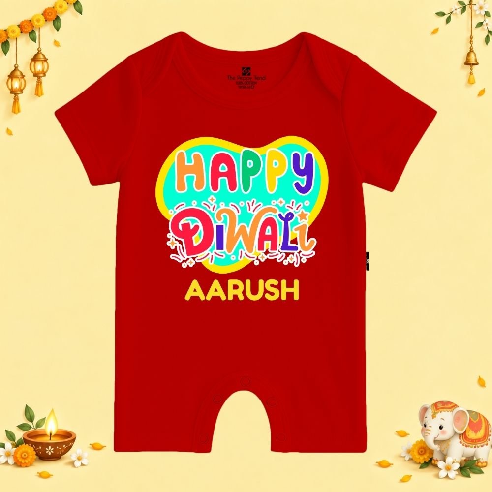 The Peppy Tend 100% Cotton Knit Half Sleeves Happy Diwali Printed Half Romper - Image 1