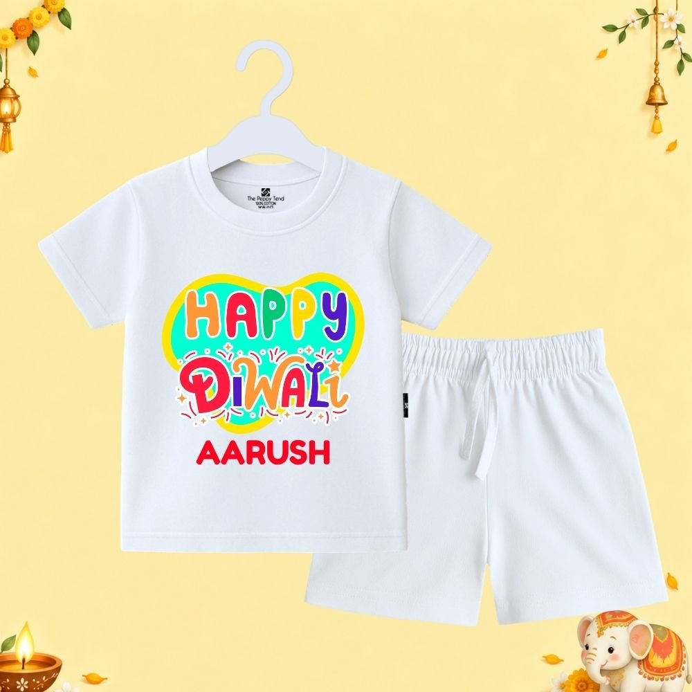 The Peppy Tend 100% Cotton Knit Half Sleeves Happy Diwali Printed T-Shirt Shorts Set - Image 1