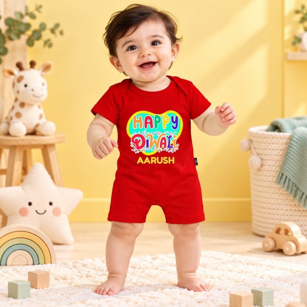 The Peppy Tend 100% Cotton Knit Half Sleeves Happy Diwali Printed Half Romper - Image 2