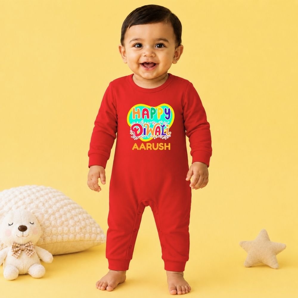 The Peppy Tend 100% Cotton Knit Full Sleeves Happy Diwali Printed Full Romper - Image 2