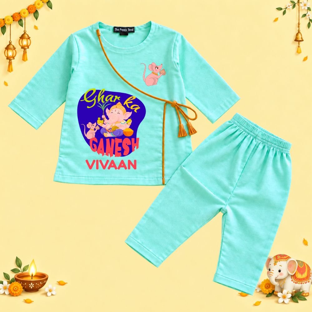 The Peppy Tend 100% Cotton Woven Full Sleeves Ghar Ka Ganesh Printed Kurta Pyjama Set - Image 1
