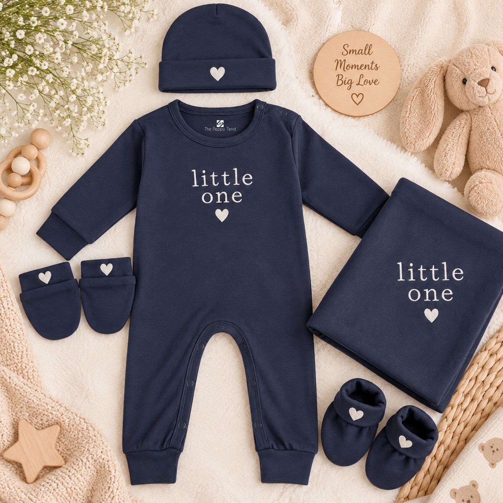 The Peppy Tend 100% Cotton Knit Full Sleeves Embriodery Full Romper With Swaddle & Cap Mittens & Booties Set - Image 2