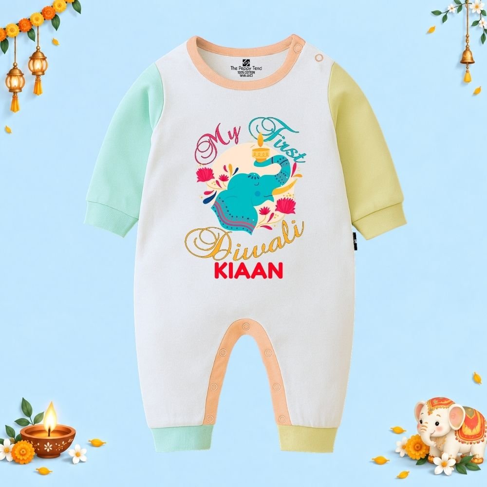 The Peppy Tend 100% Cotton Knit Full Sleeves My First Diwali Elephant Printed Full Romper - Image 1