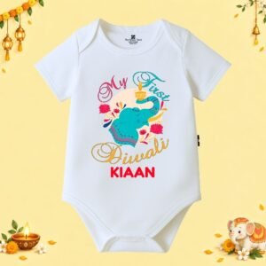 The Peppy Tend 100% Cotton Knit Half Sleeves My First Diwali Elephant Printed Half Onesie