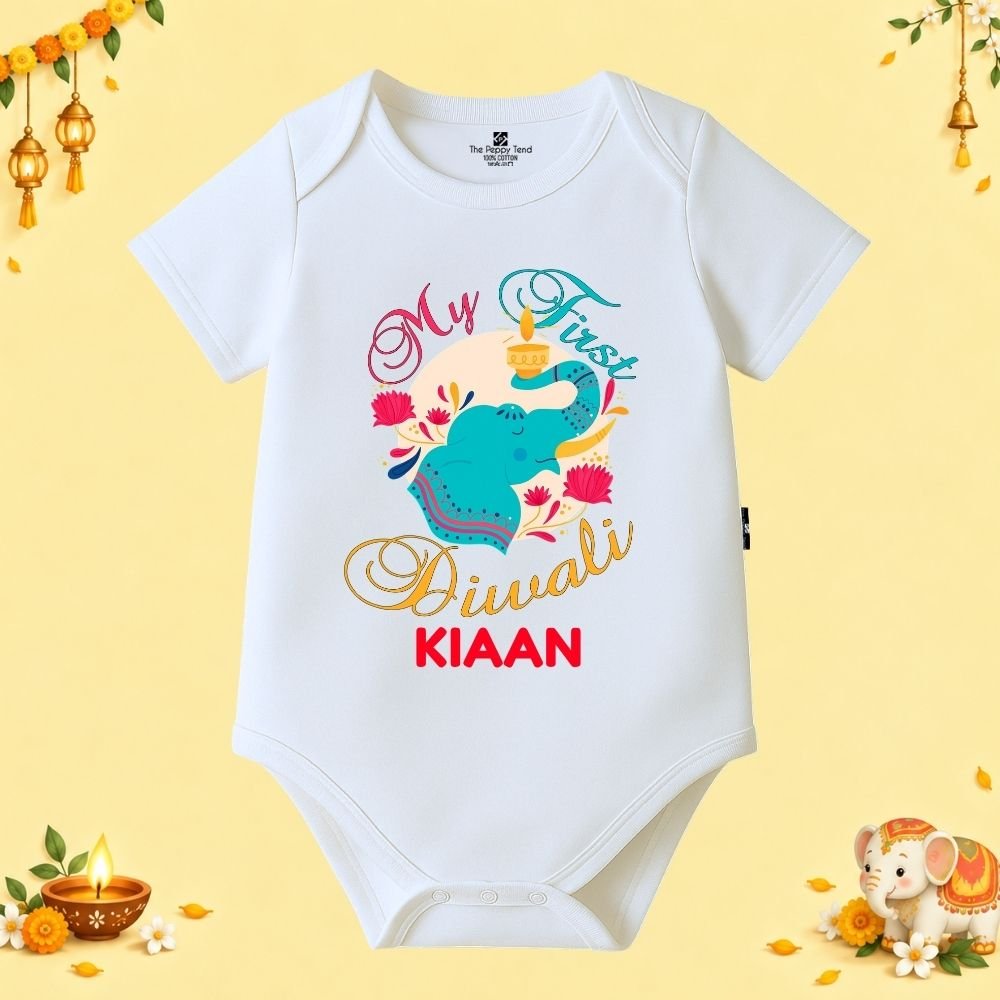 The Peppy Tend 100% Cotton Knit Half Sleeves My First Diwali Elephant Printed Half Onesie - Image 1