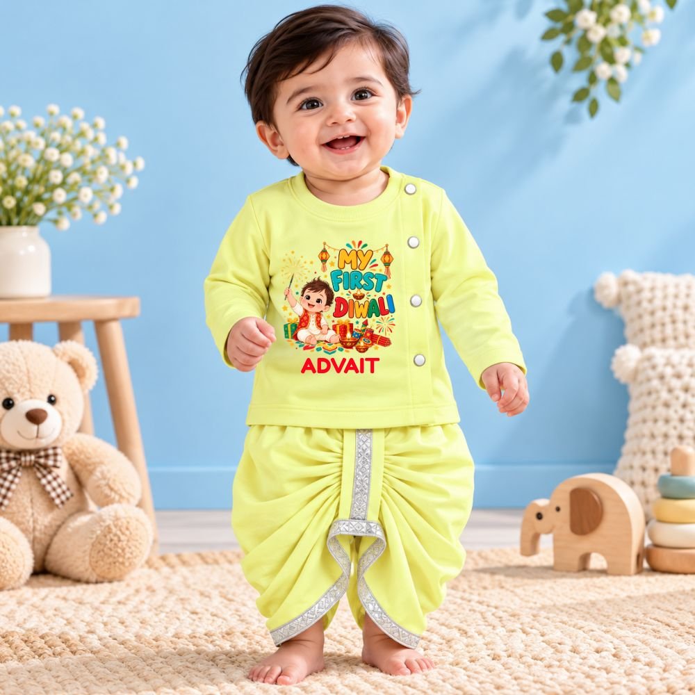 The Peppy Tend 100% Cotton Knit Full Sleeves My First Diwali Boy Printed Kurta Dhoti Set - Image 2