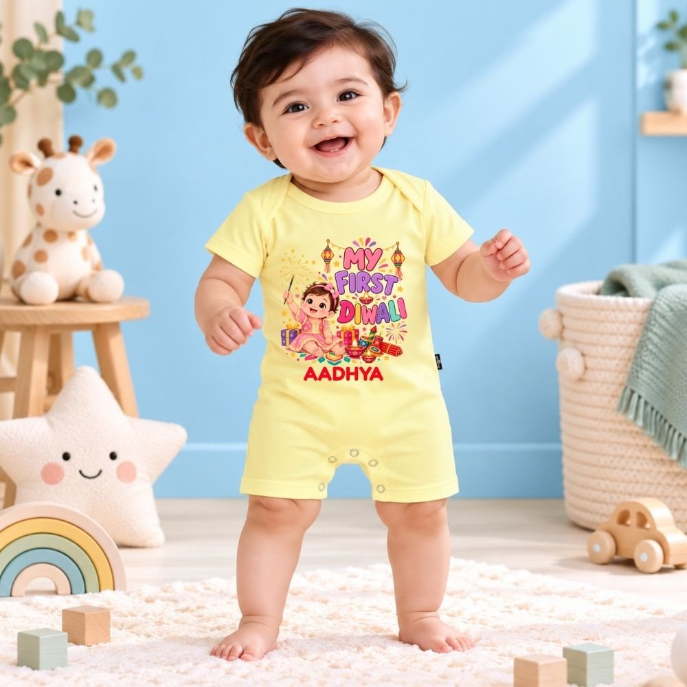 The Peppy Tend 100% Cotton Knit Half Sleeves My First Diwali Girl Printed Half Romper - Image 2