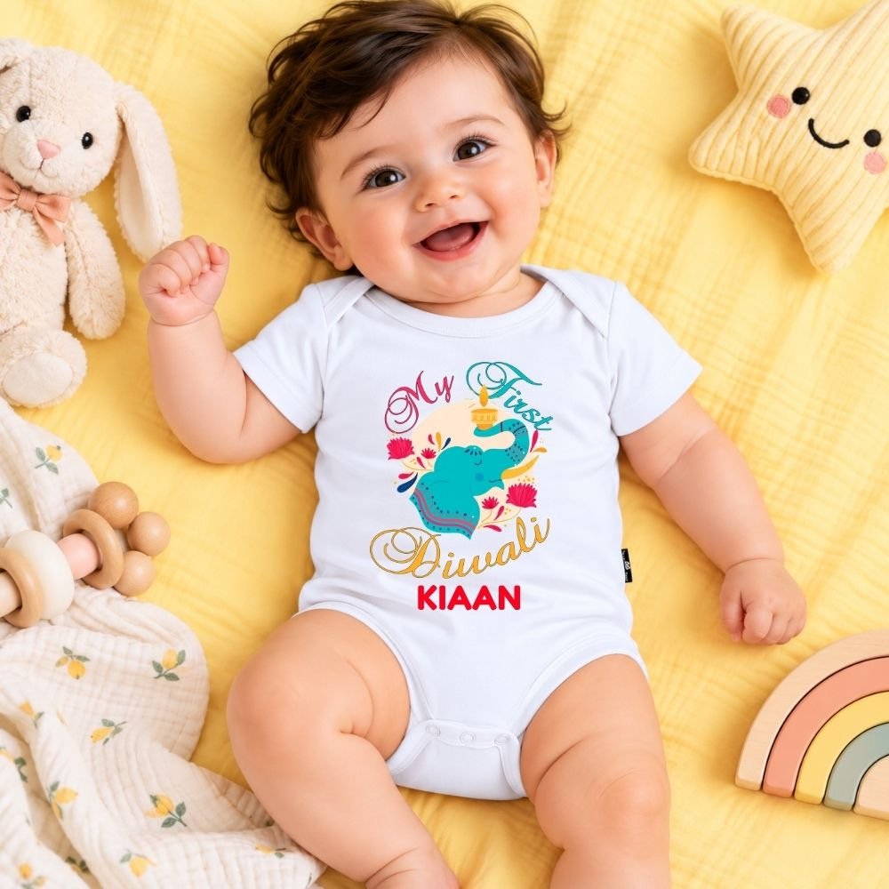 The Peppy Tend 100% Cotton Knit Half Sleeves My First Diwali Elephant Printed Half Onesie - Image 2