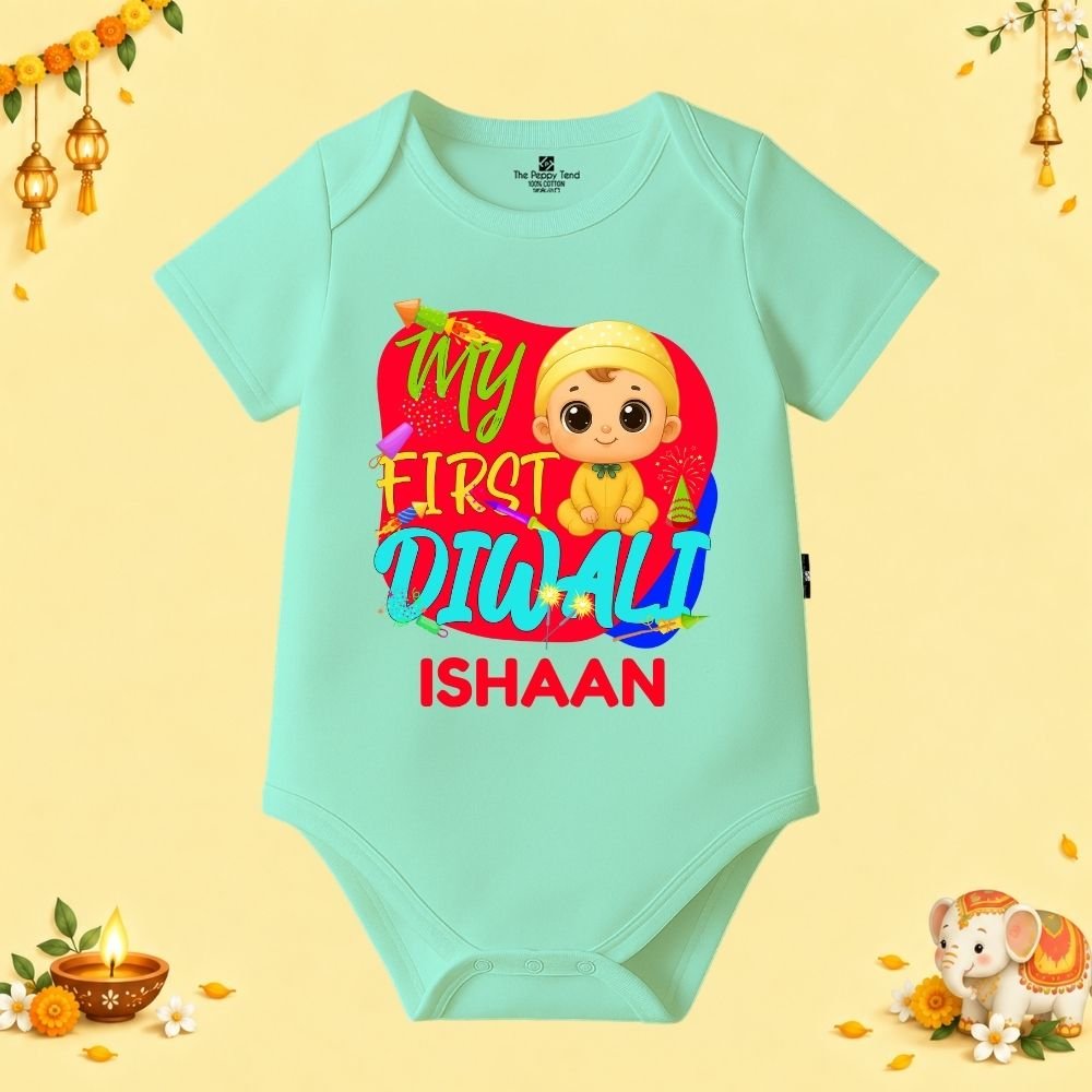 The Peppy Tend 100% Cotton Knit Half Sleeves My First Diwali Printed Half Onesie - Image 1