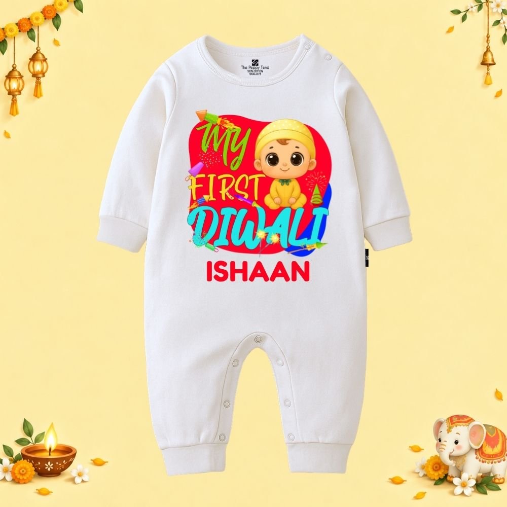 The Peppy Tend 100% Cotton Knit Full Sleeves My First Diwali Printed Full Romper - Image 1