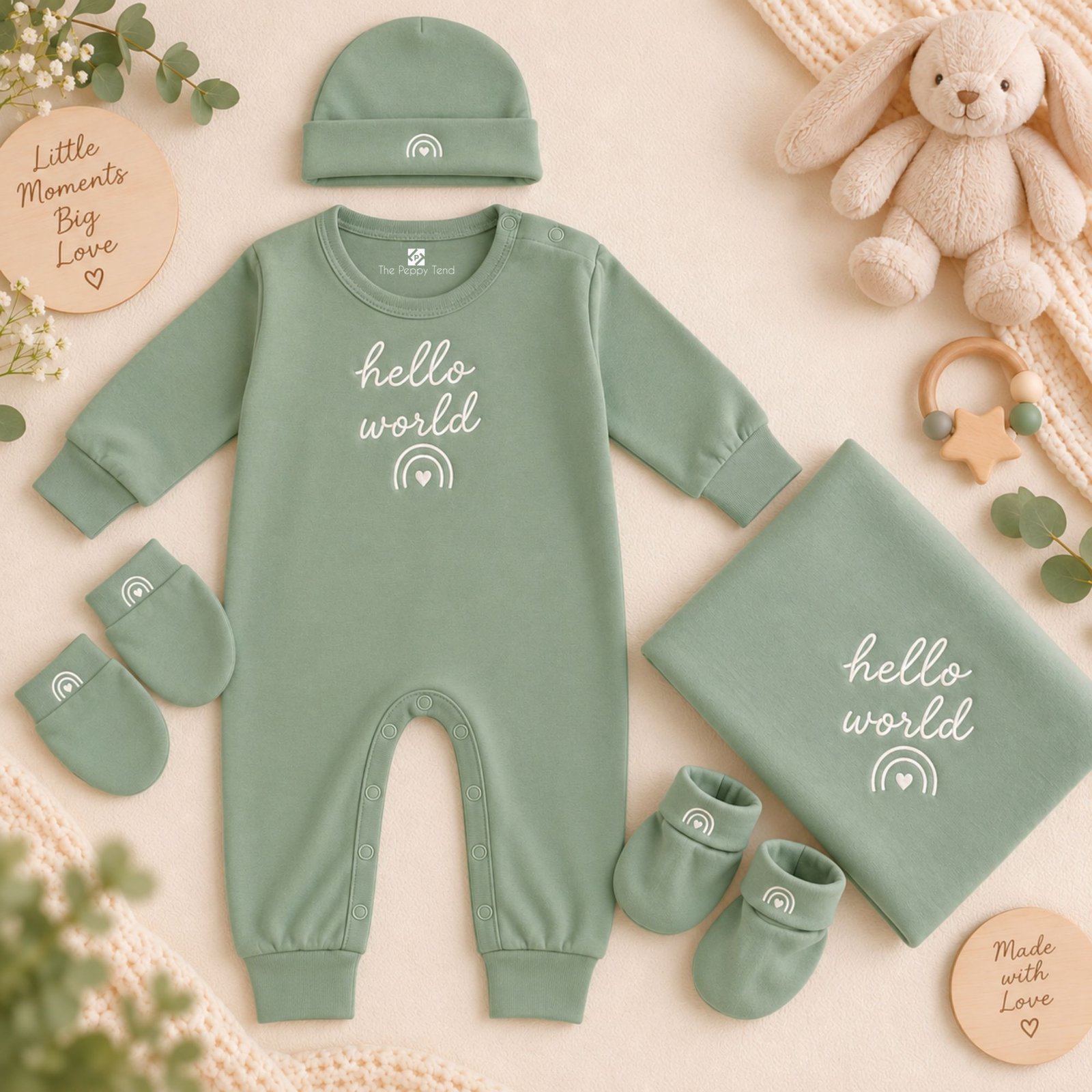 The Peppy Tend 100% Cotton Knit Full Sleeves Embriodery Full Romper With Swaddle & Cap Mittens & Booties Set - Image 4