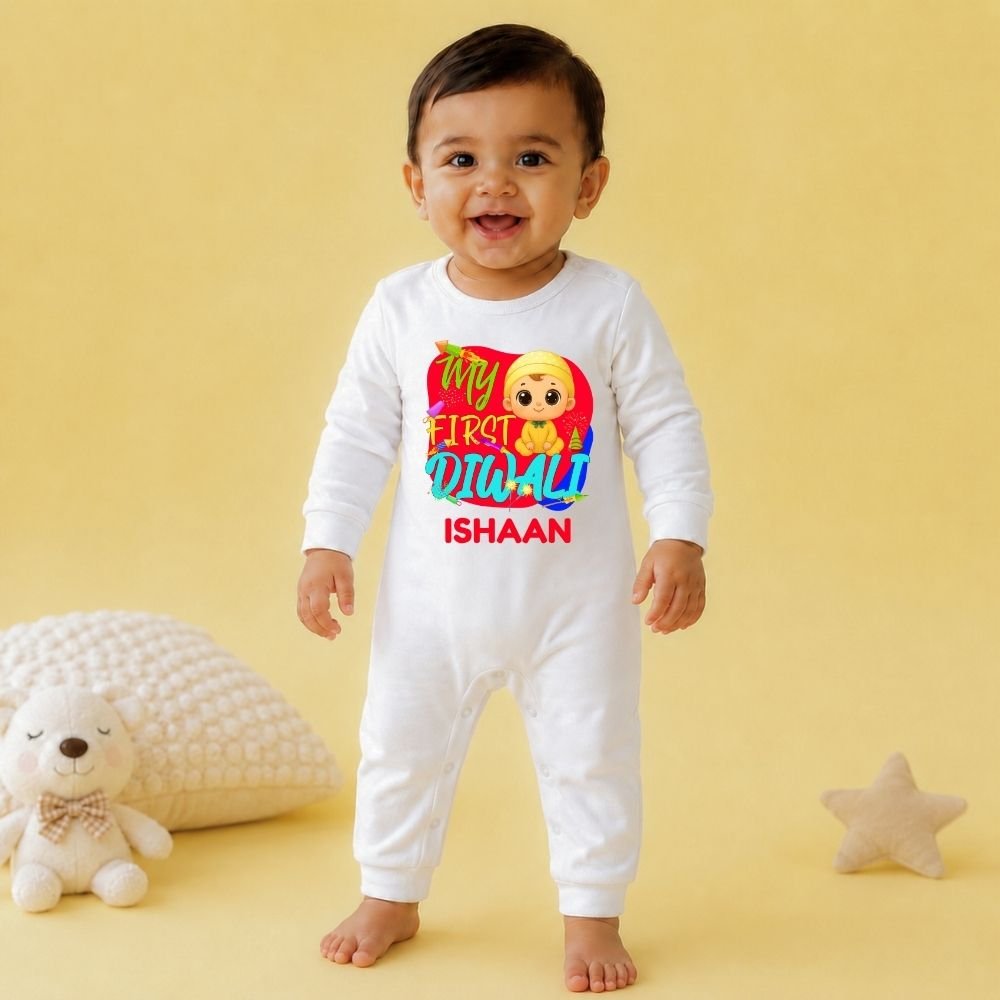 The Peppy Tend 100% Cotton Knit Full Sleeves My First Diwali Printed Full Romper - Image 2