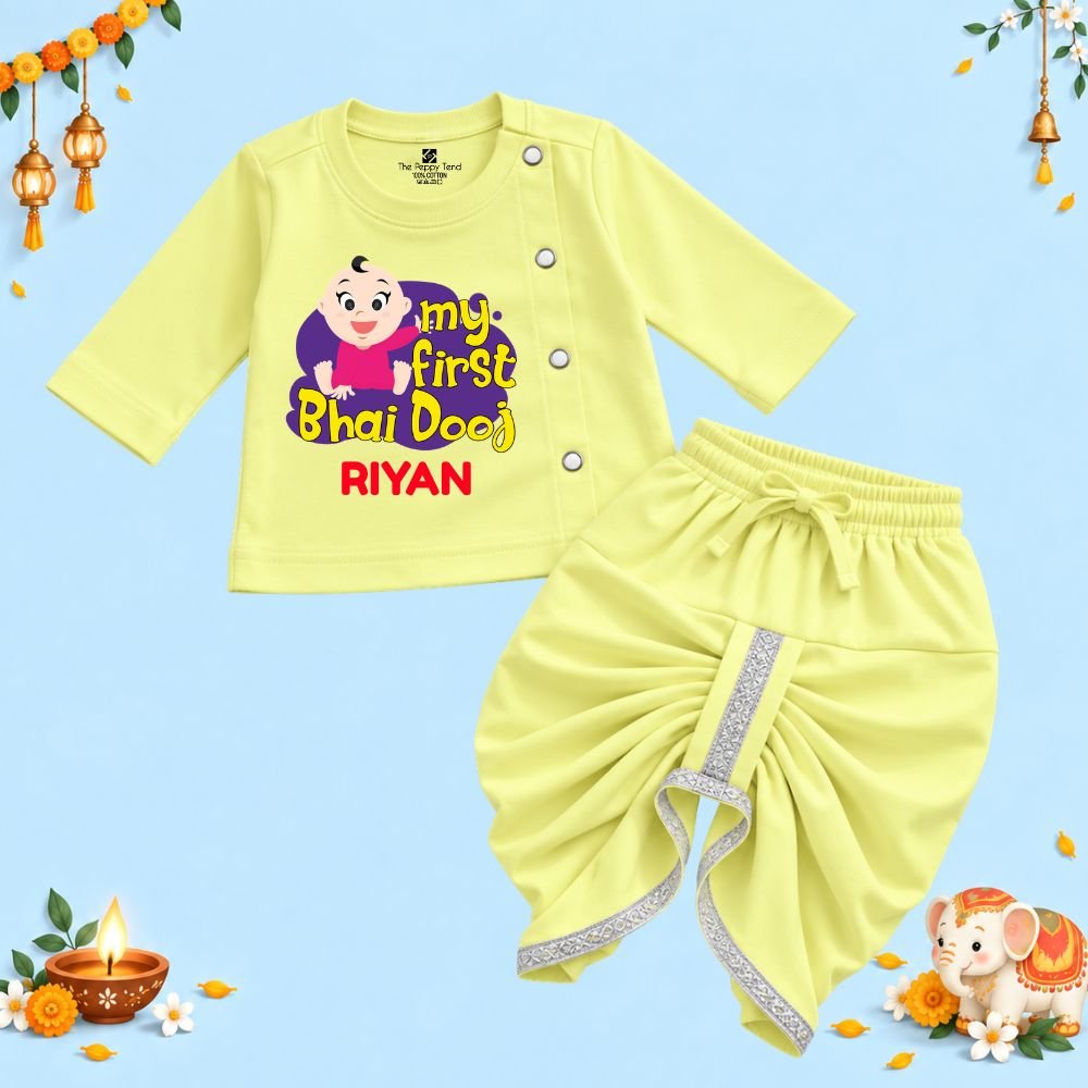 The Peppy Tend 100% Cotton Knit Full Sleeves My First Bhai Dooj Printed Kurta Dhoti Set - Image 1