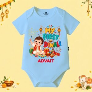 The Peppy Tend 100% Cotton Knit Half Sleeves My First Diwali Boy Printed Half Onesie