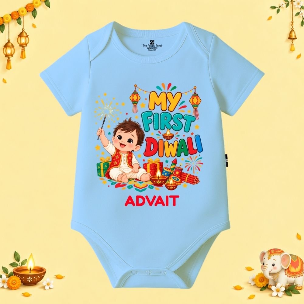 The Peppy Tend 100% Cotton Knit Half Sleeves My First Diwali Boy Printed Half Onesie - Image 1