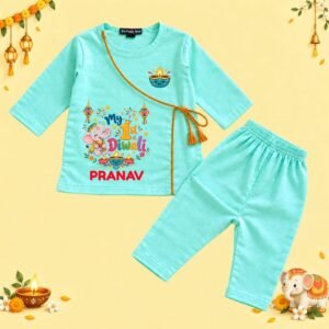 The Peppy Tend 100% Cotton Woven Full Sleeves My 1st Diwali Printed Kurta Pyjama Set