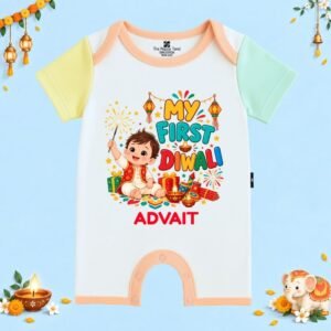 The Peppy Tend 100% Cotton Knit Half Sleeves My First Diwali Boy Printed Half Romper
