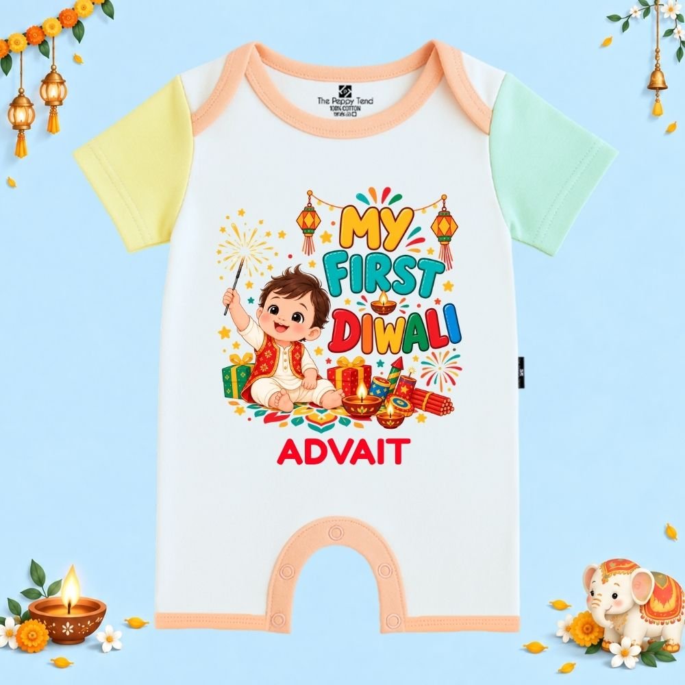 The Peppy Tend 100% Cotton Knit Half Sleeves My First Diwali Boy Printed Half Romper - Image 1