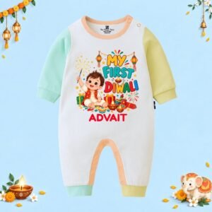 The Peppy Tend 100% Cotton Knit Full Sleeves My First Diwali Boy Printed Full Romper