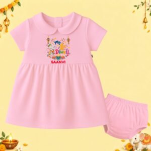The Peppy Tend 100% Cotton Knit Half Sleeves My 1st Diwali Printed Frock Bloomer Set