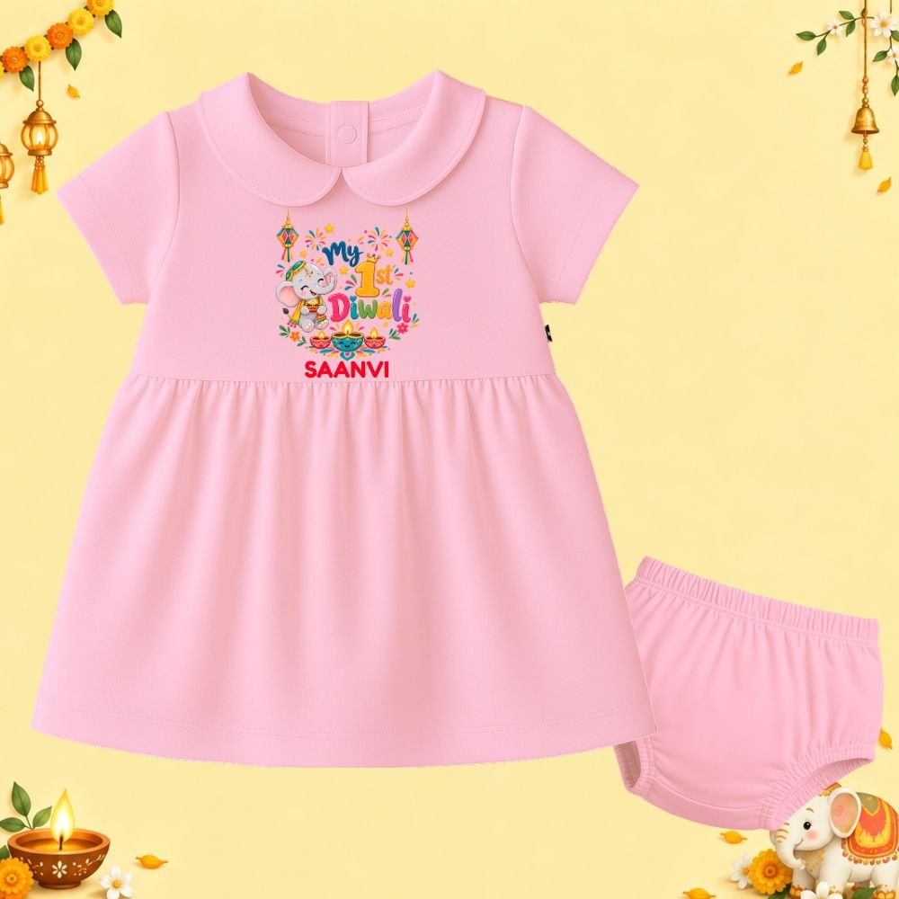 The Peppy Tend 100% Cotton Knit Half Sleeves My 1st Diwali Printed Frock Bloomer Set - Image 1